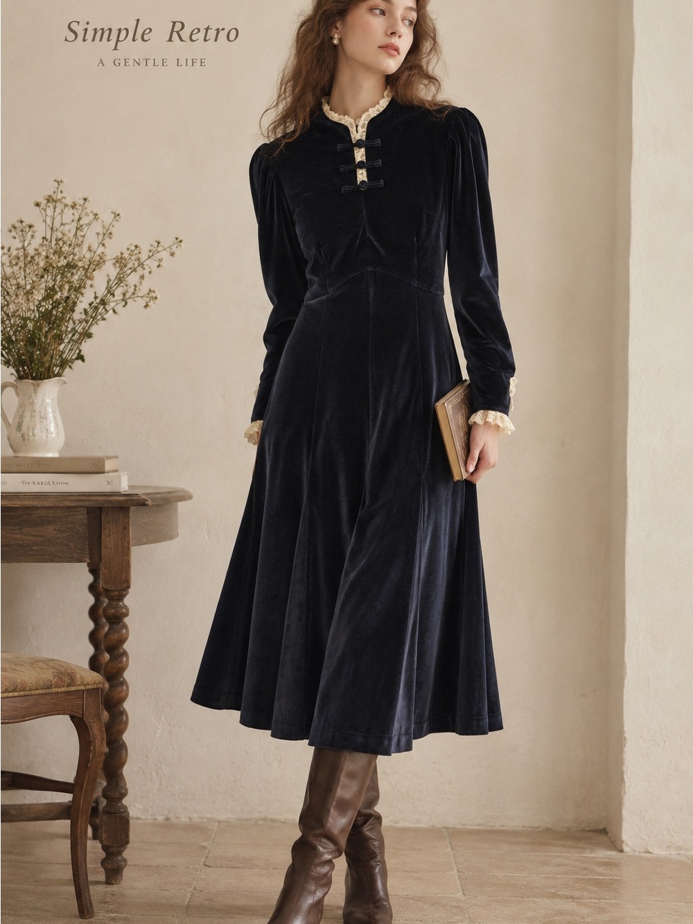 Simply Retro Mikaela Lace Collar Contrasting Velvet Midi Dress SS Navy Regency